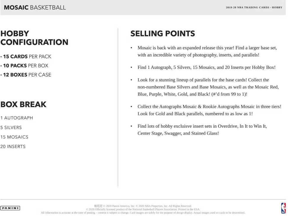 2019-20 Panini Mosaic Cartes Basketball NBA Hobby Box