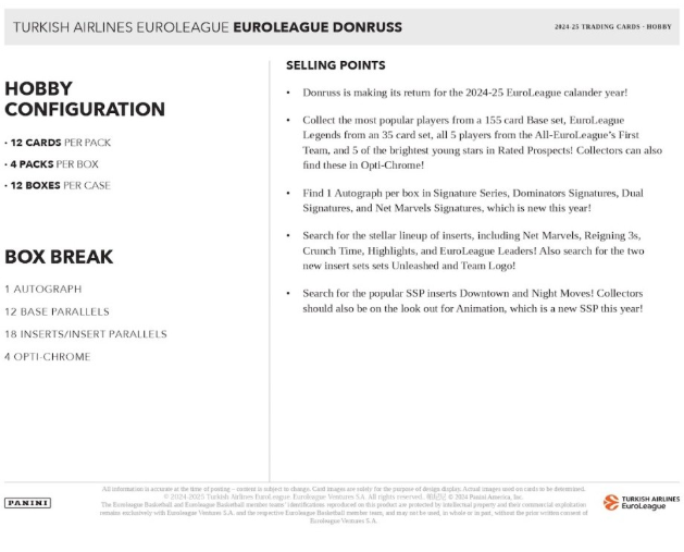 2024-25 Panini Donruss Turkish Airlines Euroleague Cartes Basketball NBA Hobby Box