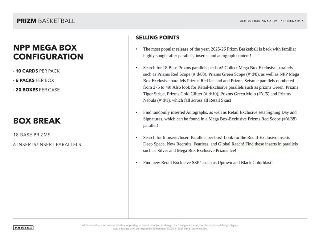 2025-26 Panini Prizm Cartes Basketball NBA Méga Box (Red Ice Prizms!)