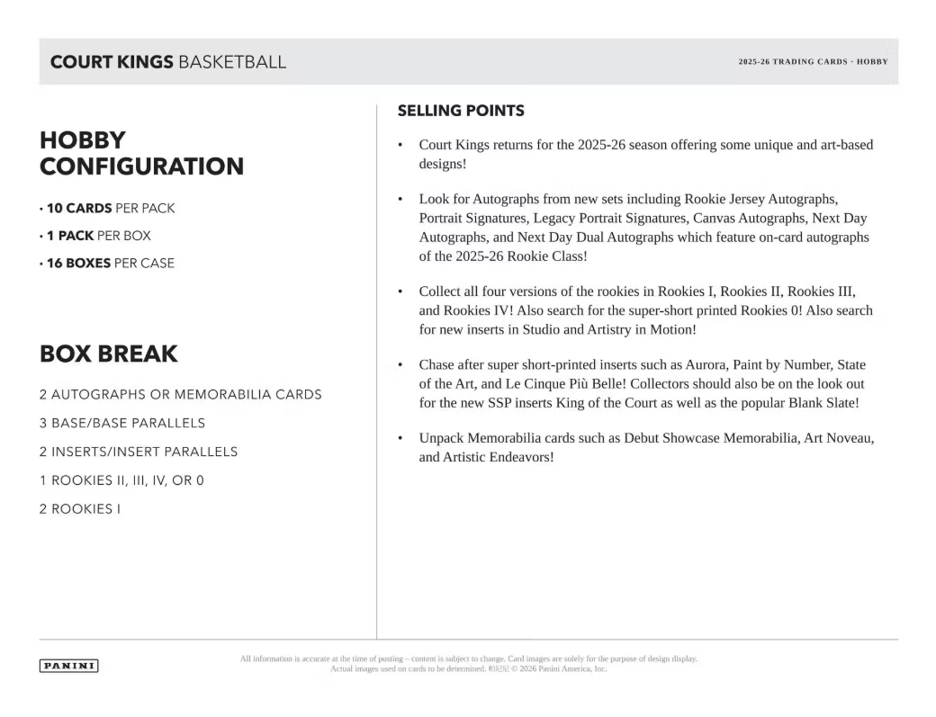 2025-26 Panini Court Kings Cartes Basketball NBA Hobby Box ** PRECOMMANDE **