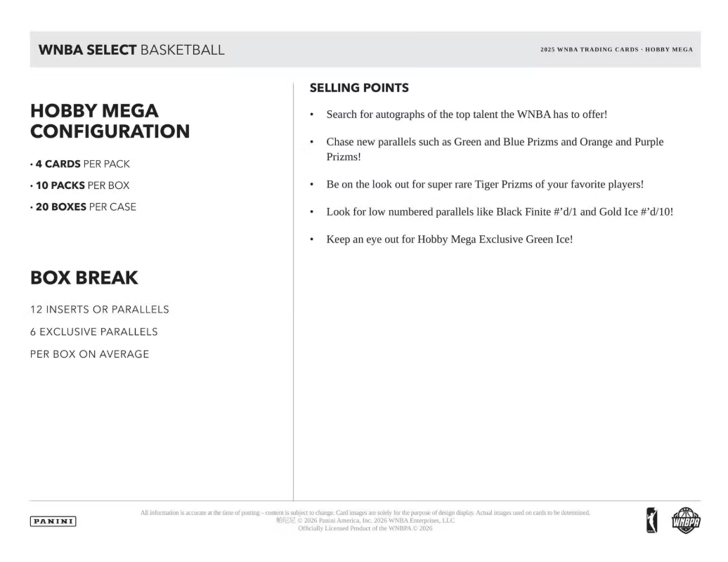 2025 Panini Select WNBA Cartes Basketball Hobby Méga Box