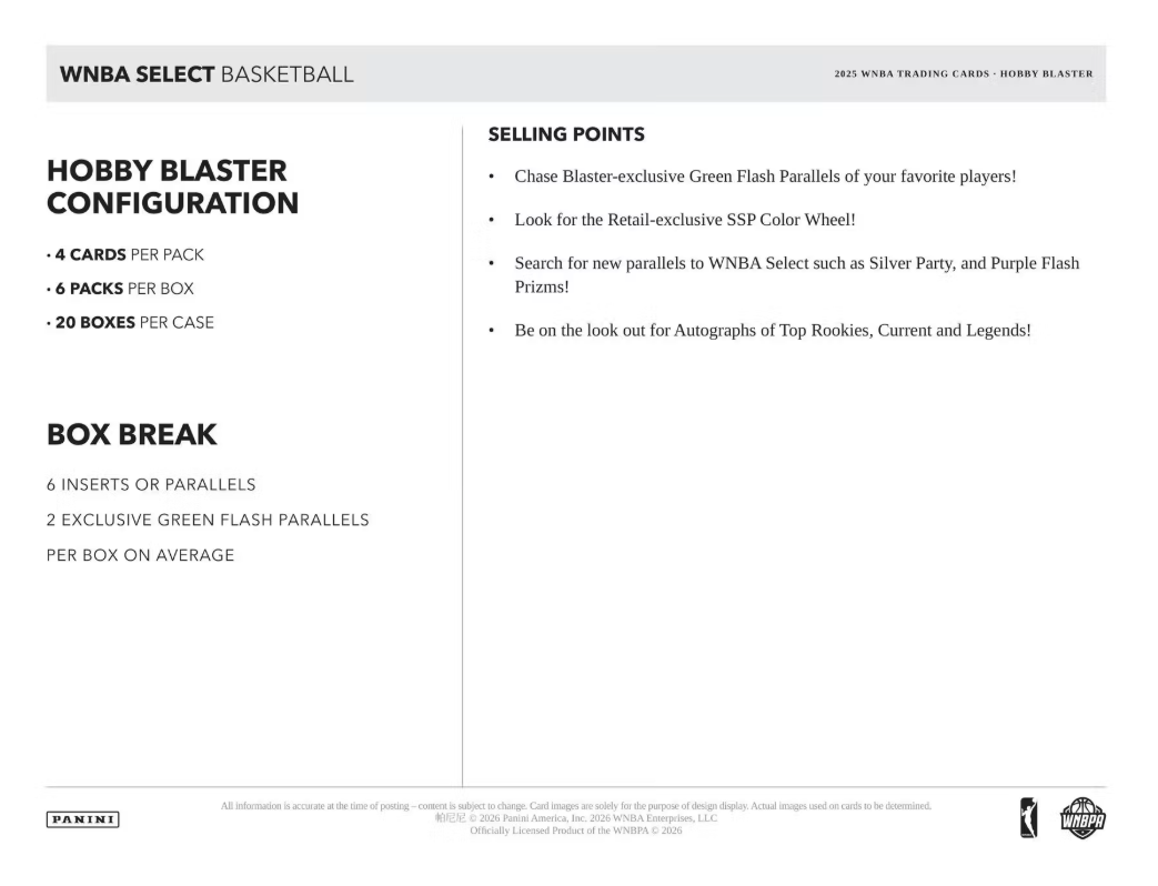 2025 Panini Select WNBA Cartes Basketball Hobby Blaster Box