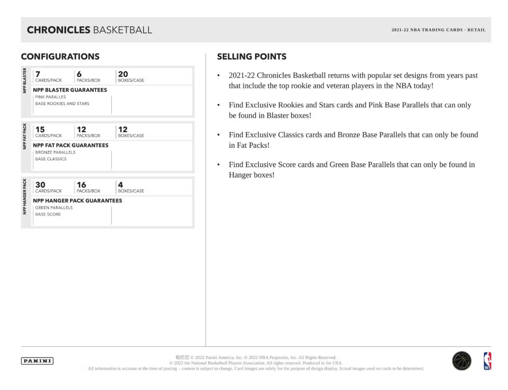 2021-22 Panini Chronicles Cartes Basketball NBABlaster Box (Pink Parallels!) Panini