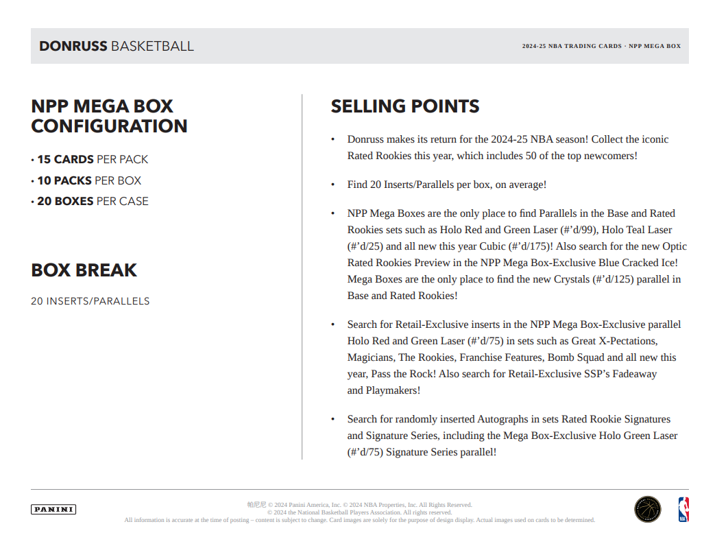 2024-25 Panini Donruss Cartes Basketball NBA Mega Box * PRECOMMANDE* Panini