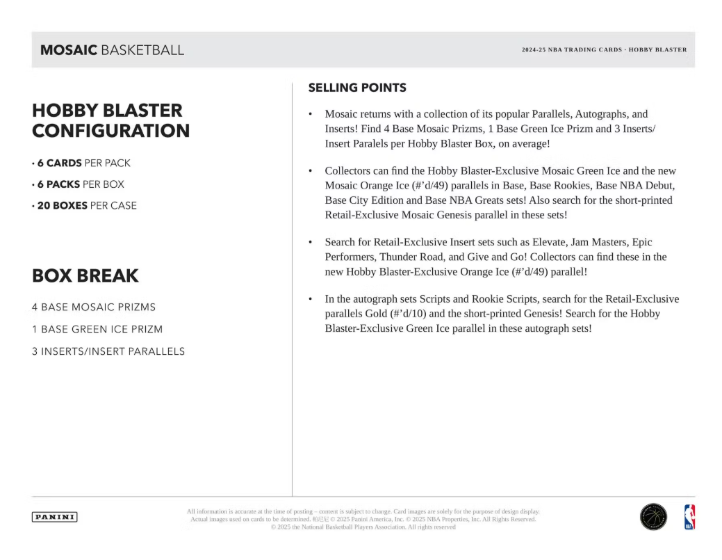 2024-25 Panini Mosaic Cartes Basketball NBA Hobby Blaster Box Panini
