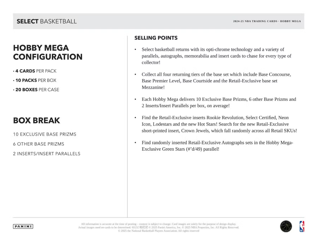 2024-25 Panini Select Cartes Basketball NBA Hobby Méga Box Panini