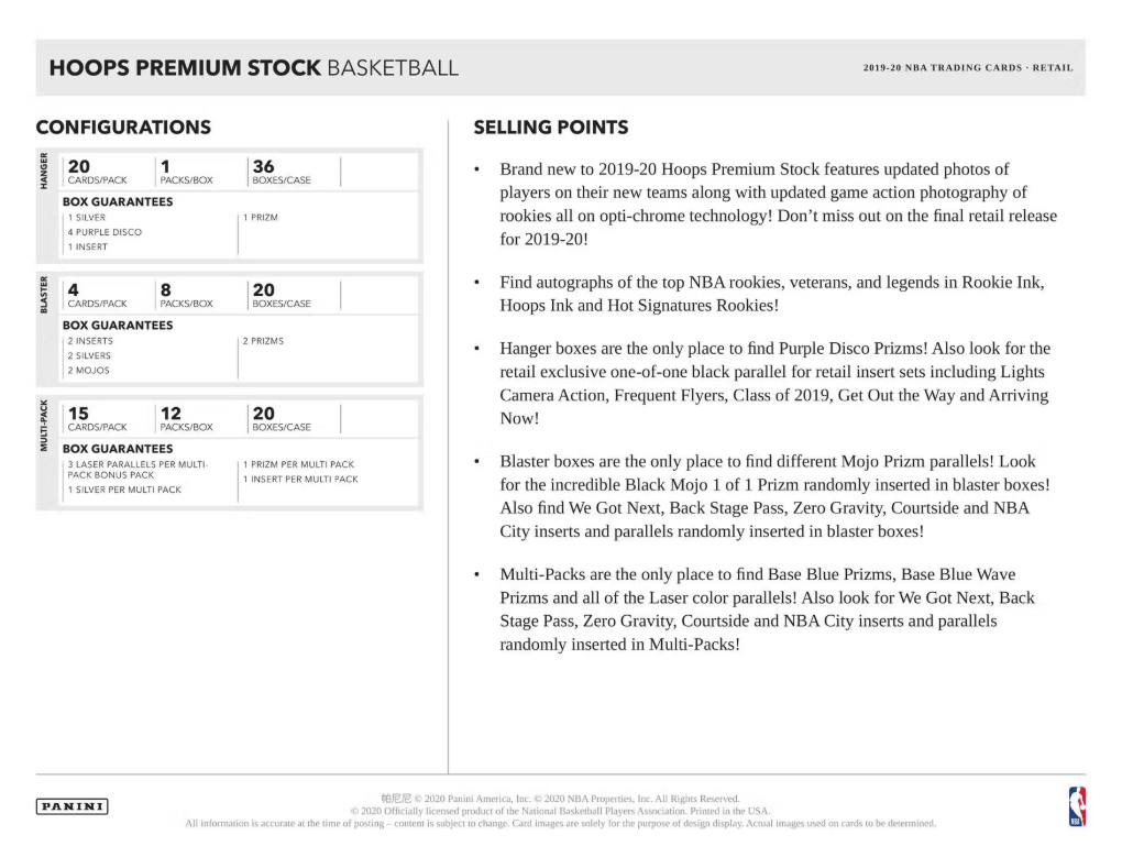 2019-20 Panini Hoops Premium Stock Cartes Basketball NBA 6-Pack Blaster Box Panini