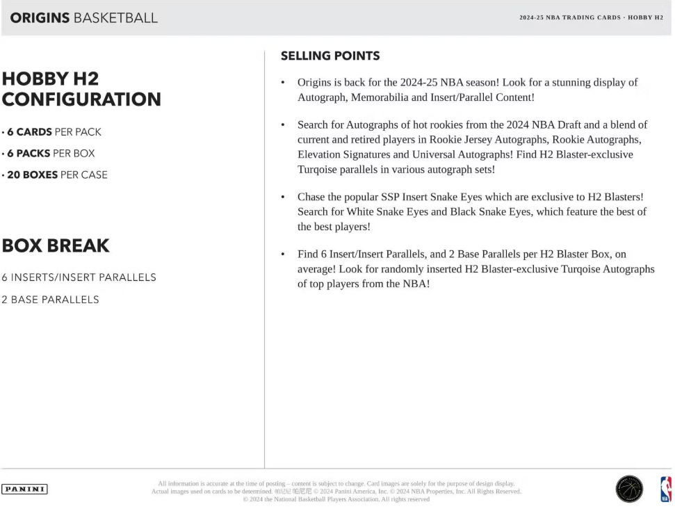 2024-25 Panini Origins Cartes Basketball NBA H2 Box Panini