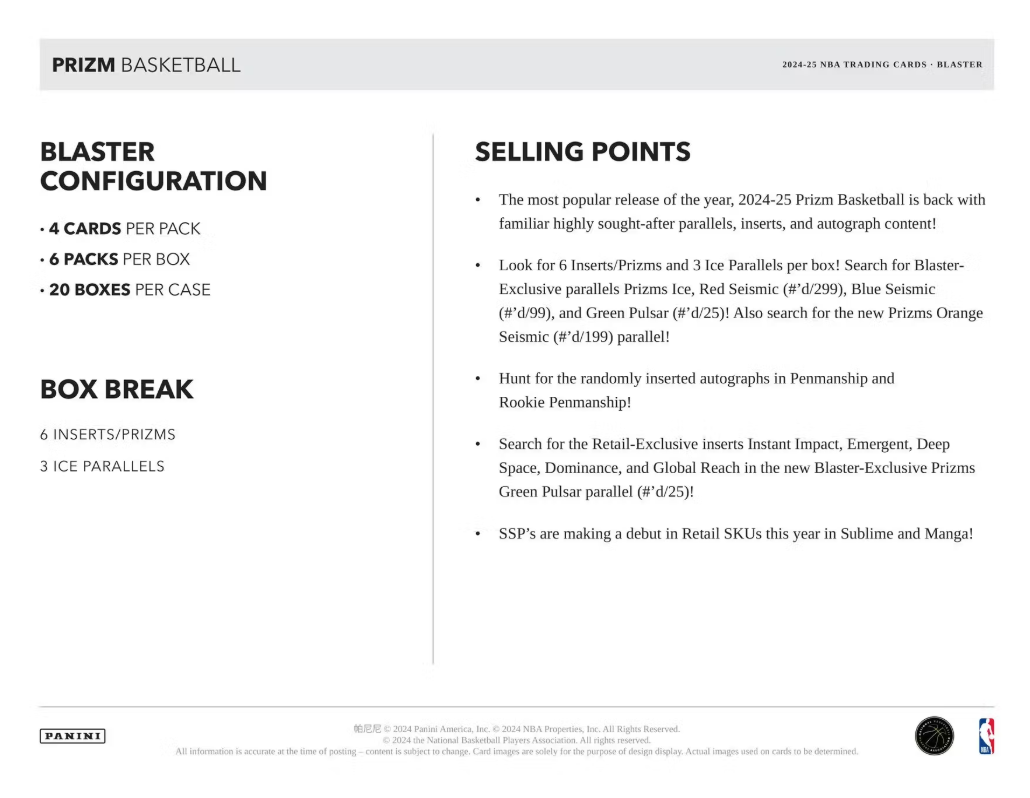 2024/25 Panini Prizm Cartes Basketball NBA 6-Pack Blaster Box * PRECOMMANDE* Panini