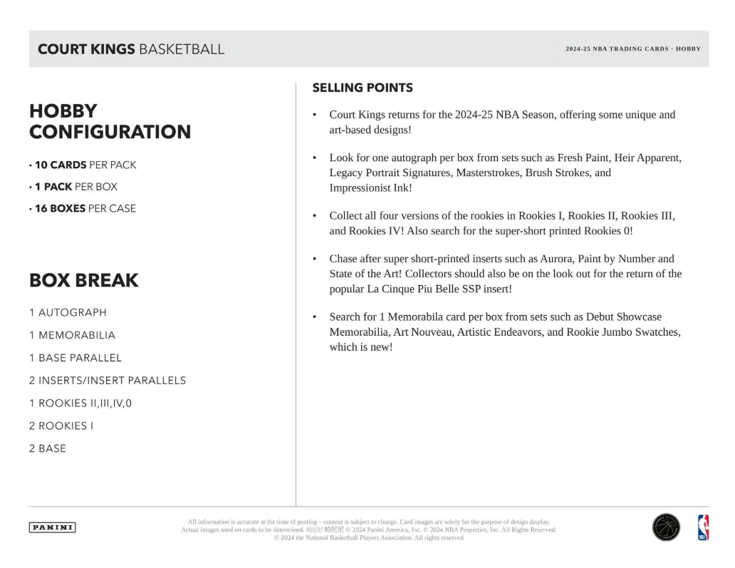 2024/25 Panini Court Kings Cartes Basketball NBA Hobby Box * en cours d'approvisionnement* LEAF