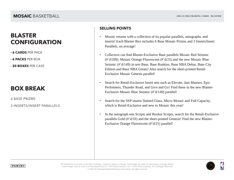 2024-25 Panini Mosaic Cartes Basketball NBA Blaster Box Panini