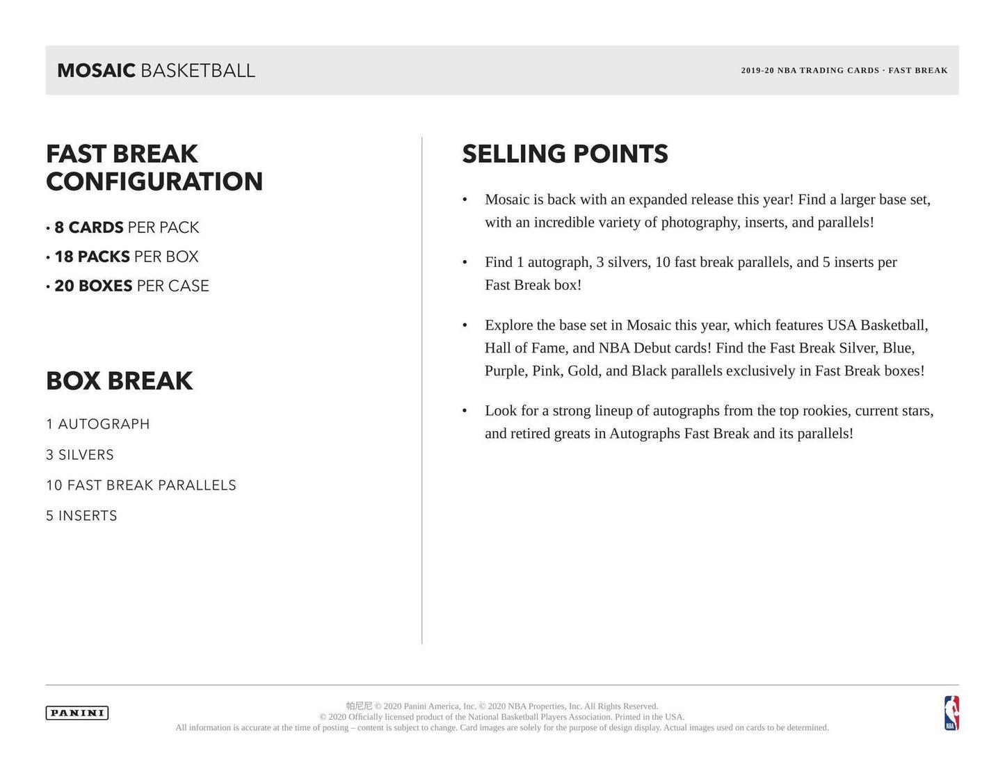 2019-20 Panini Mosaic Cartes Basketball NBA Fast break Box