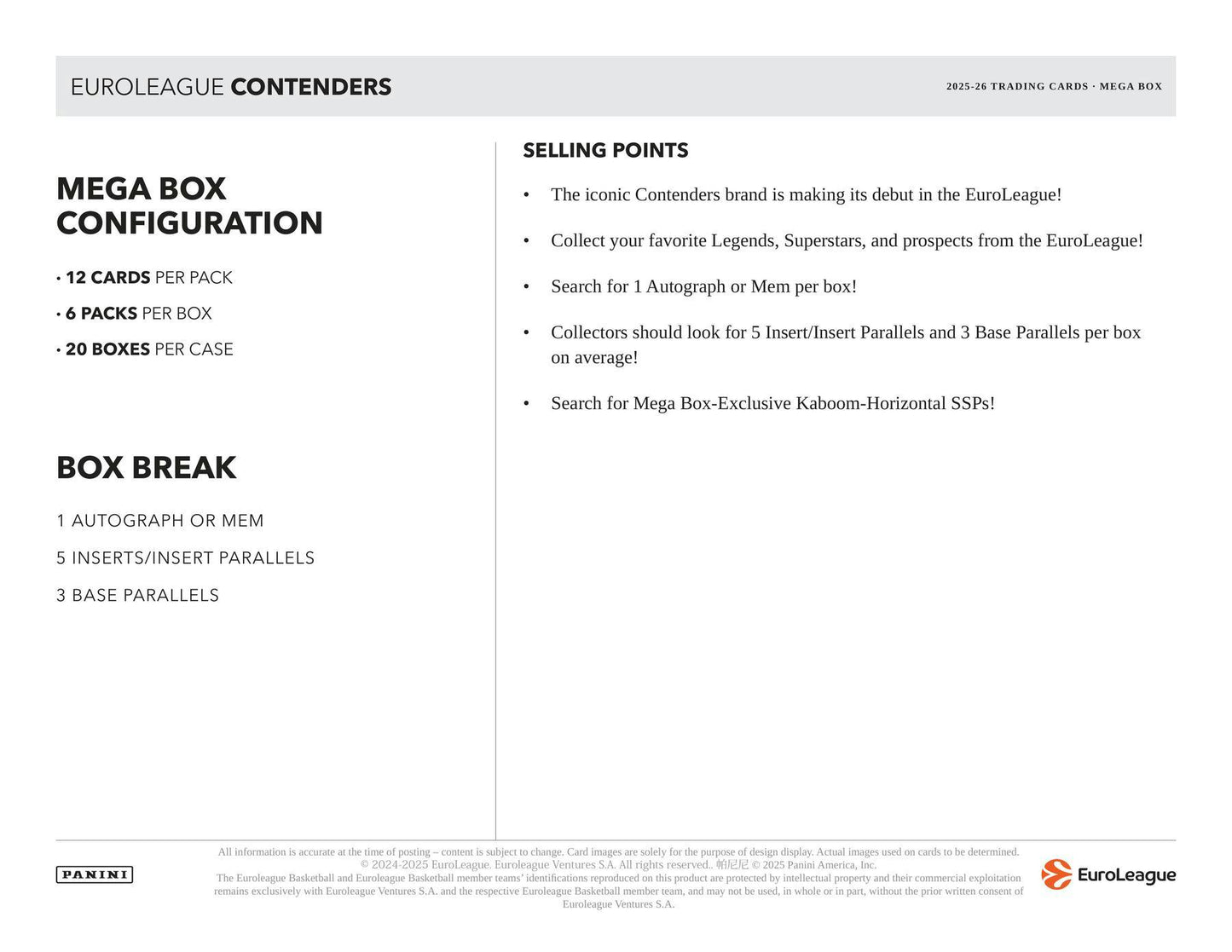 2025-26 Panini Contenders EuroLeague Cartes Basketball NBA Méga Box