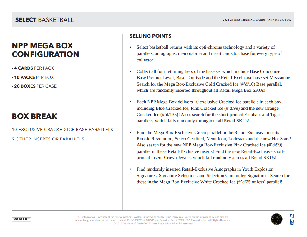 2024-25 Panini Select Cartes Basketball NBA Méga Box Panini