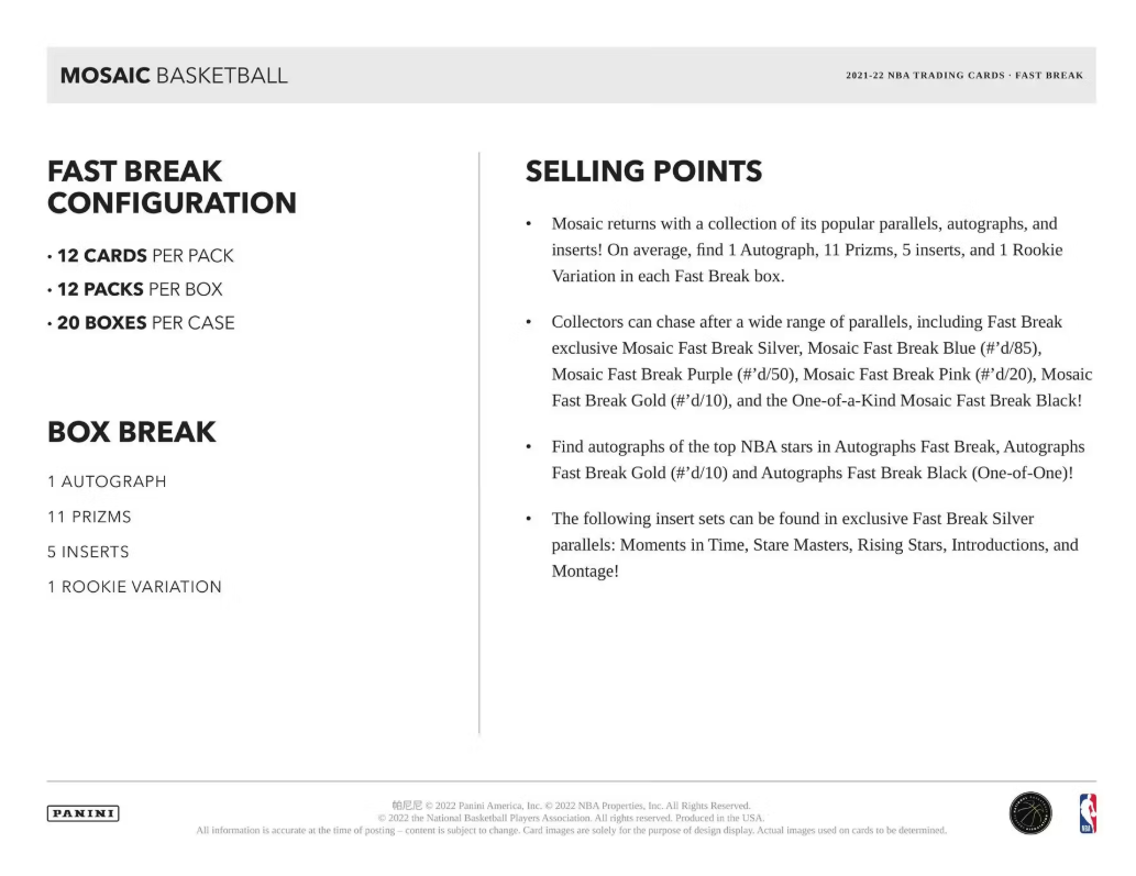 2021-22 Panini Mosaic Cartes Basketball NBA Fast break Box