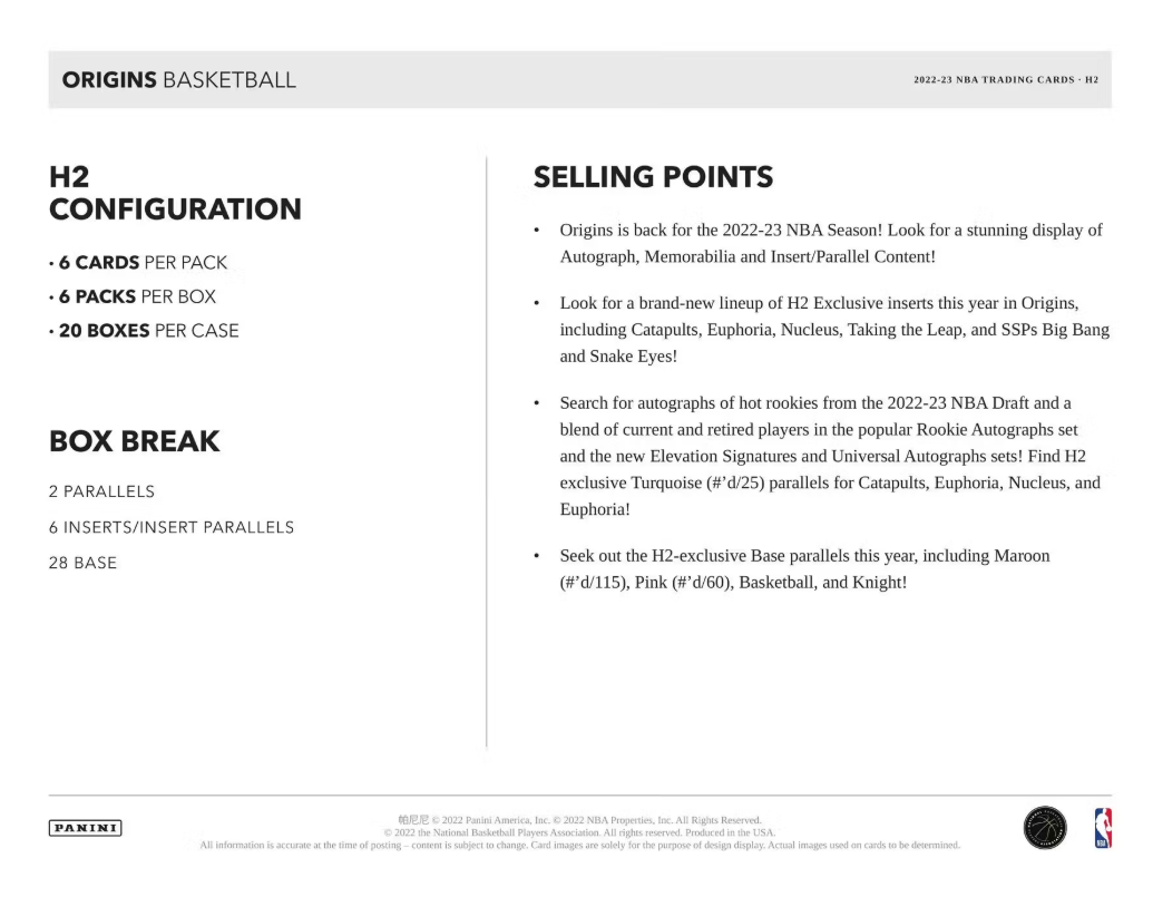 2022-23 Panini Origins Cartes Basketball NBA H2 Box