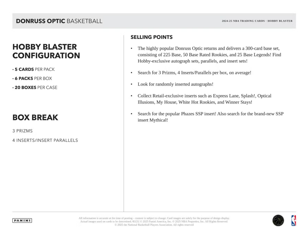 2024-25 Panini Donruss Optic Cartes Basketball NBA Hobby Blaster Box