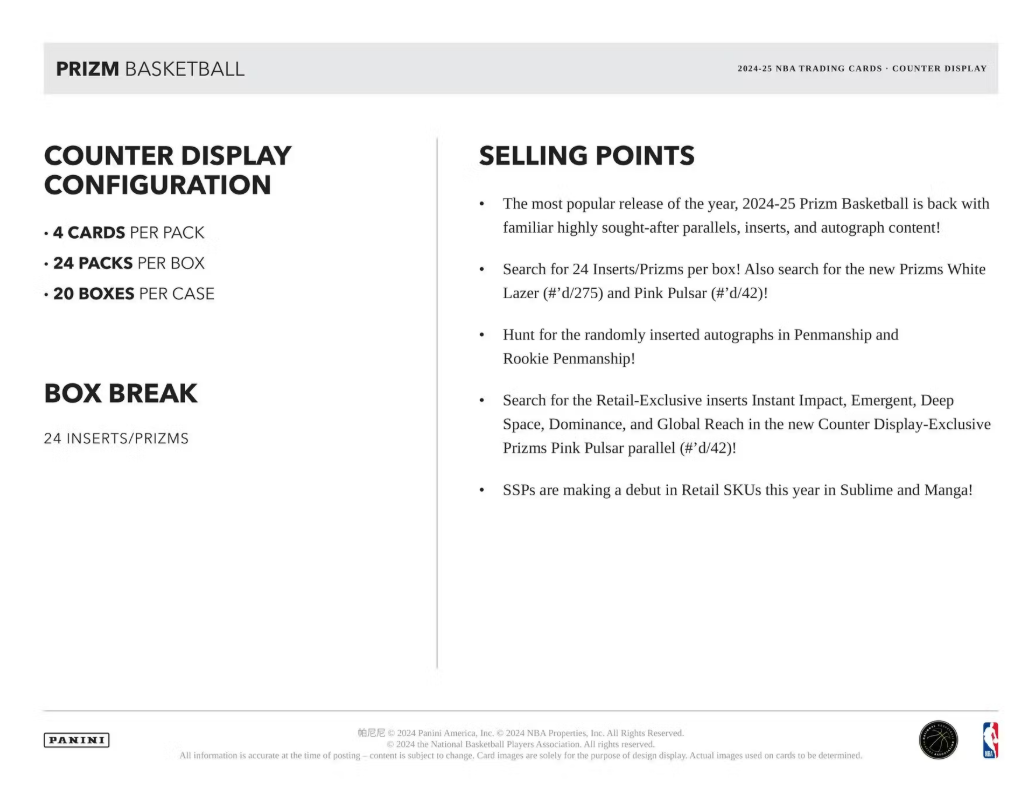 2024-25 Panini Prizm Cartes Basketball NBA Retail Box