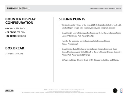 2024-25 Panini Prizm Cartes Basketball NBA Retail Box