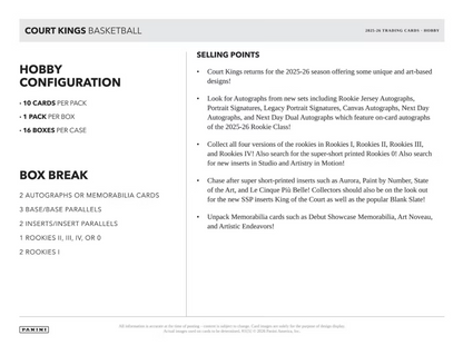2025-26 Panini Court Kings Cartes Basketball NBA Hobby Box ** PRECOMMANDE **