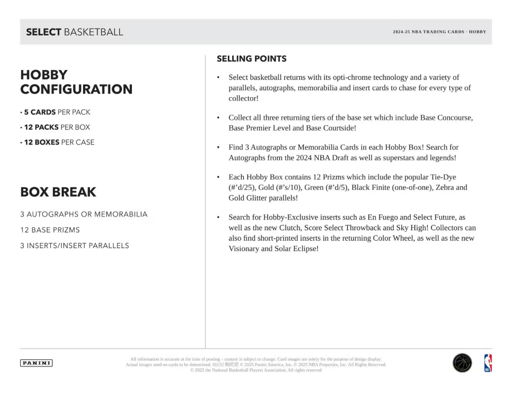 2024-25 Panini Select Cartes Basketball NBA Hobby Box