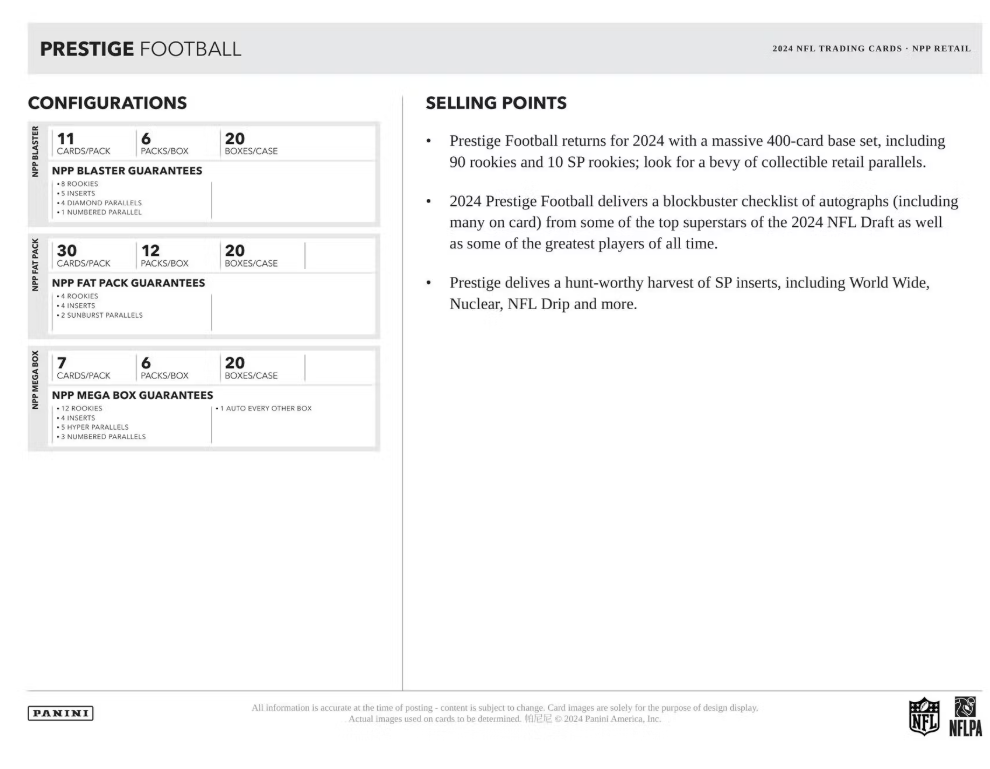 2024 Panini Prestige Cartes Football NFL Blaster Box Panini