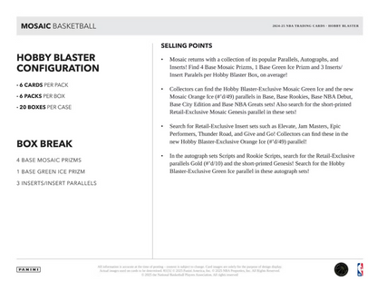 2024-25 Panini Mosaic Cartes Basketball NBA Hobby Blaster Box Panini