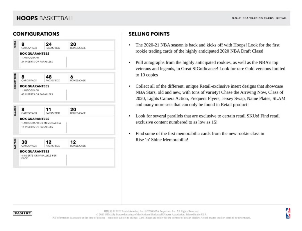 2020-21 Panini Hoops Cartes Basketball NBA Blaster Box
