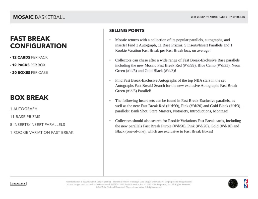 2024-25 Panini Mosaic Cartes Basketball NBA Fast Break Box Panini