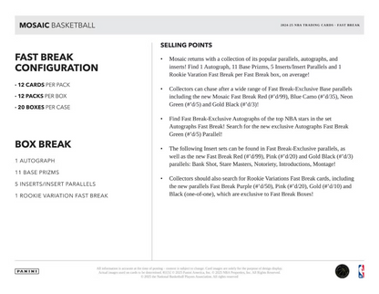 2024-25 Panini Mosaic Cartes Basketball NBA Fast Break Box Panini