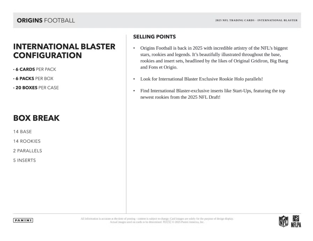 2025 Panini ORIGINS Cartes Football NFL Blaster Box Panini