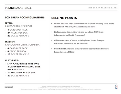 2019-20 Panini Prizm Cartes Basketball NBA Blaster Box