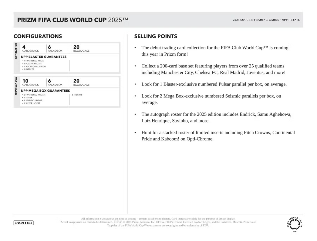 2025 Panini Prizm FIFA Club World Cup Cartes Soccer Blaster Box Panini