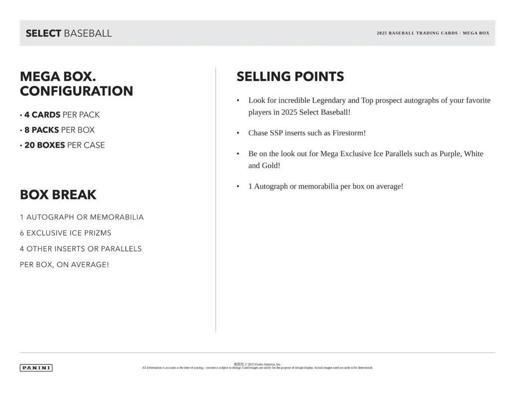 2025 Panini Select Cartes Baseball MLB Méga Box