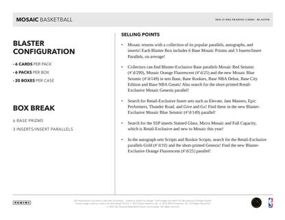 2024-25 Panini Mosaic Cartes Basketball NBA Blaster Box Panini