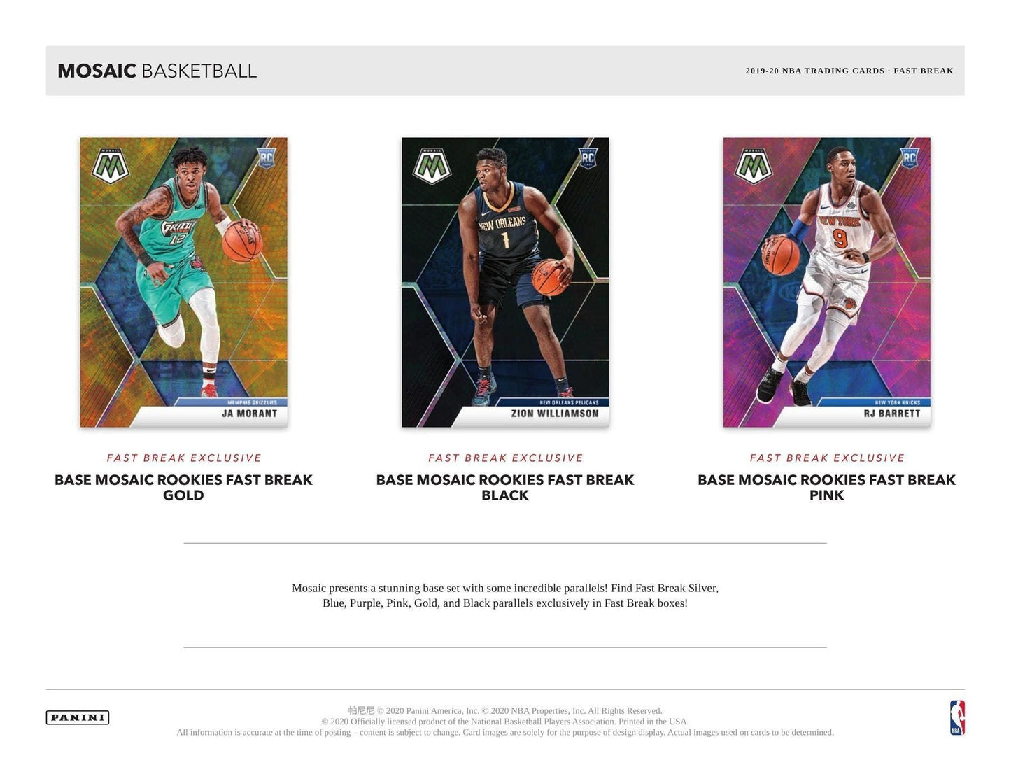 2019-20 Panini Mosaic Cartes Basketball NBA Fast break Box